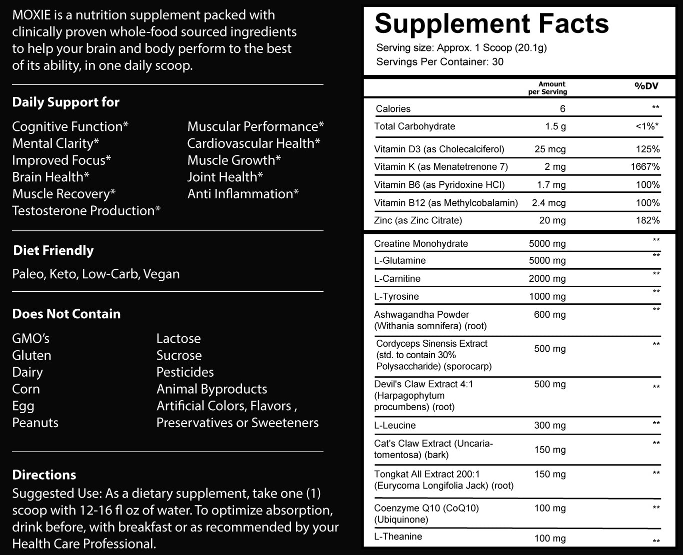 Nutritional label of moxie. 17 clinically proven ingredients for cognitive function and physical performance. No GMO's, gluten, dairy, corn, egg, peanuts, lactose, sucralose, pesticides, animaly byproducts, artificial colors, flavors, preservatives or sweetners.